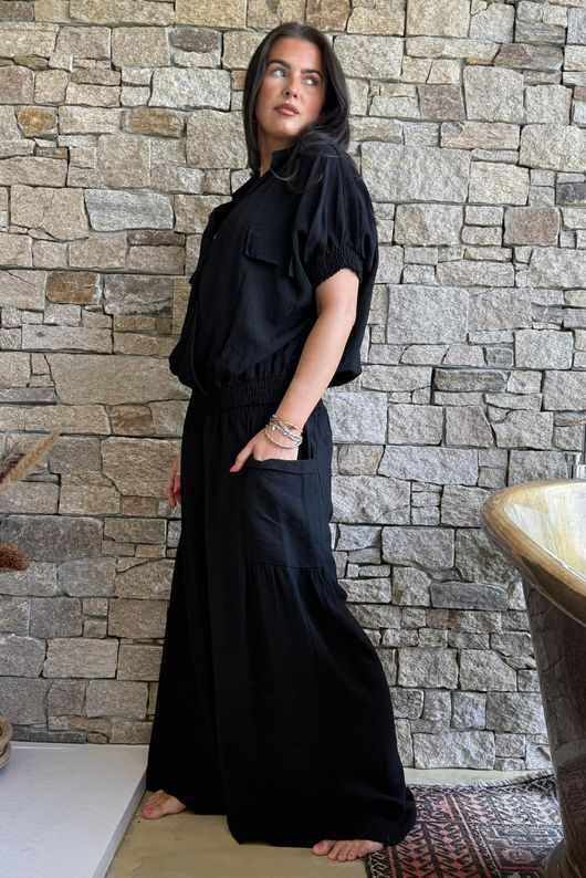 Basso Button Drape Cap Sleeve Shirt Black